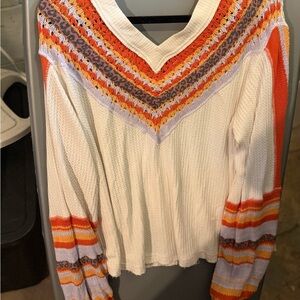 Free People Cream V-Neck Sweater with Orange, Yellow & Lavender Stripes
